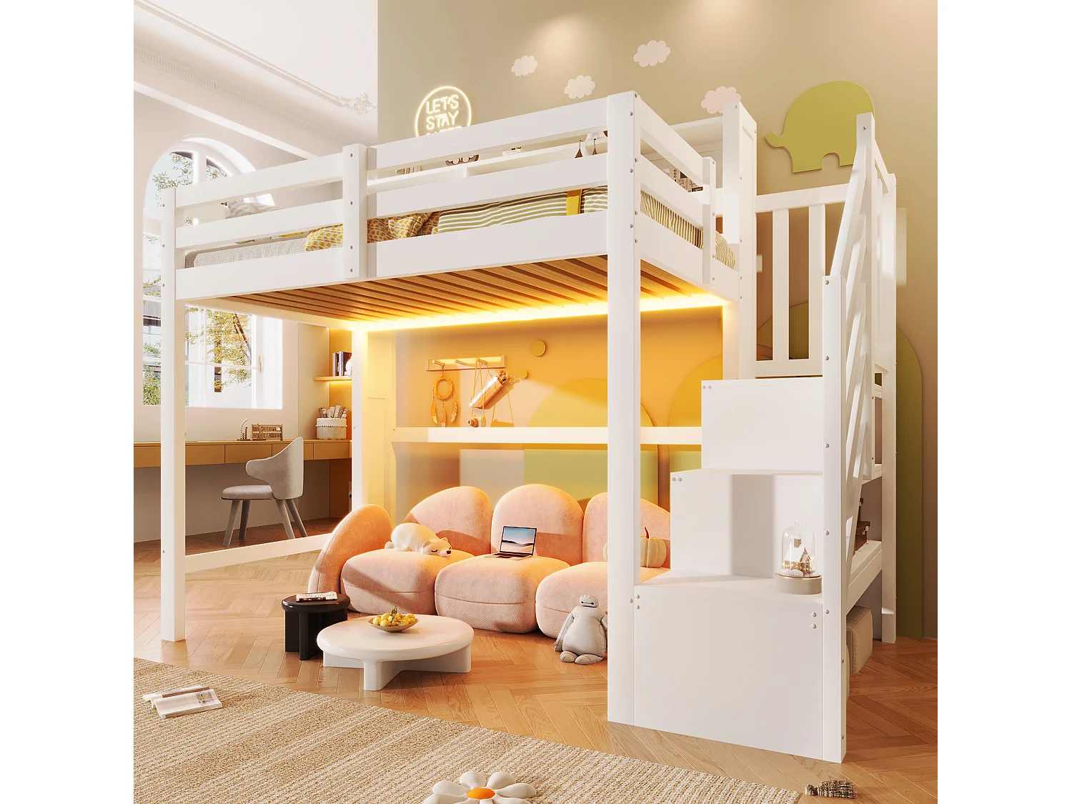 Lit mezzanine pour enfant - 90 x 200 cm - avec Leds + échelle de rangement + étagère de rangement - bois - blanc