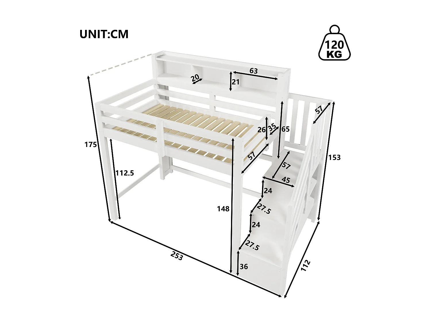 Lit mezzanine pour enfant - 90 x 200 cm - avec Leds + échelle de rangement + étagère de rangement - bois - blanc