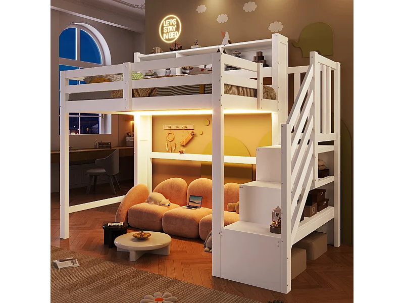 Lit mezzanine pour enfant - 90 x 200 cm - avec Leds + échelle de rangement + étagère de rangement - bois - blanc