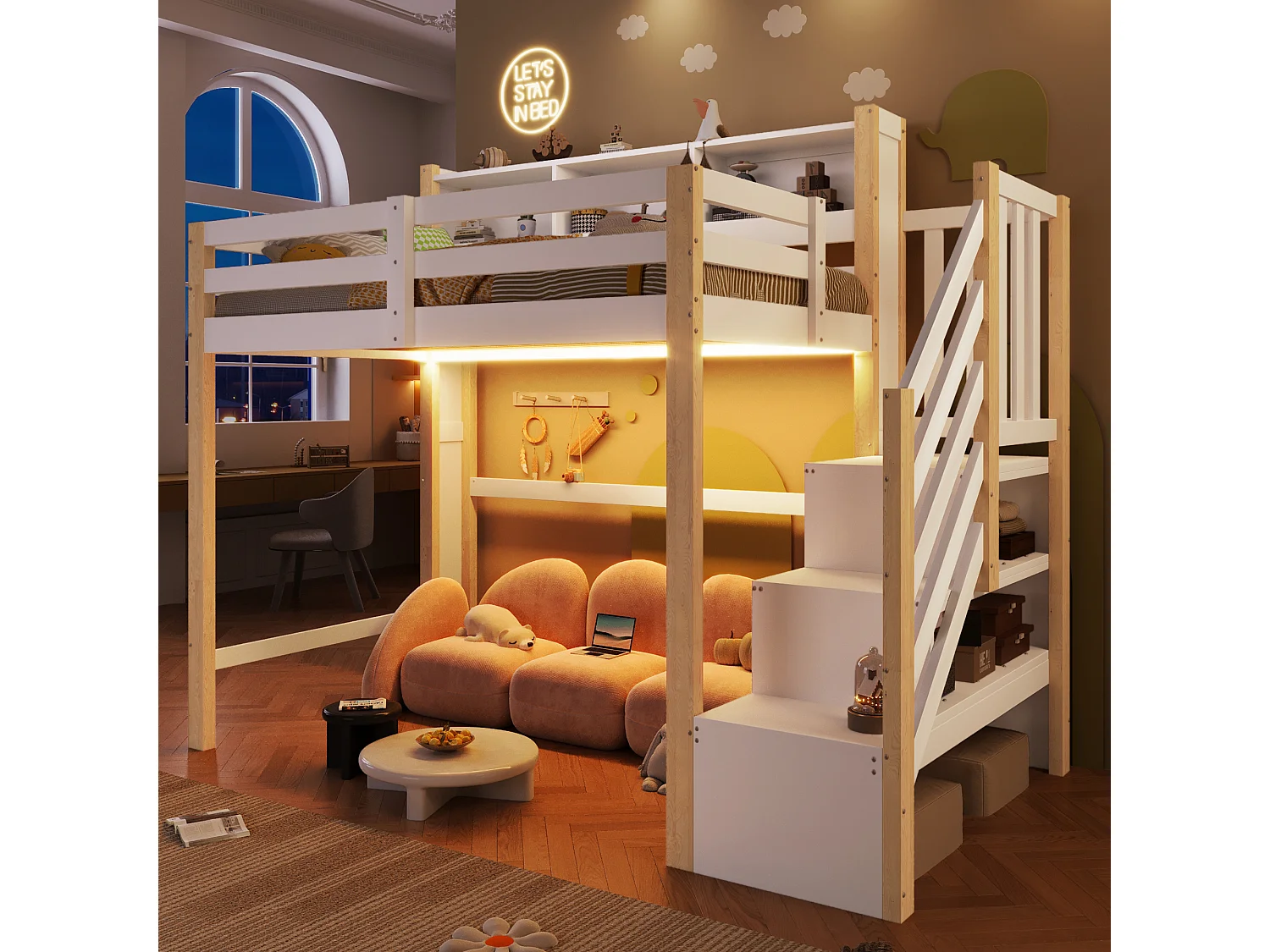 Lit mezzanine pour enfant - 90 x 200 cm - avec Leds + échelle de rangement + étagère de rangement - bois - blanc + naturel