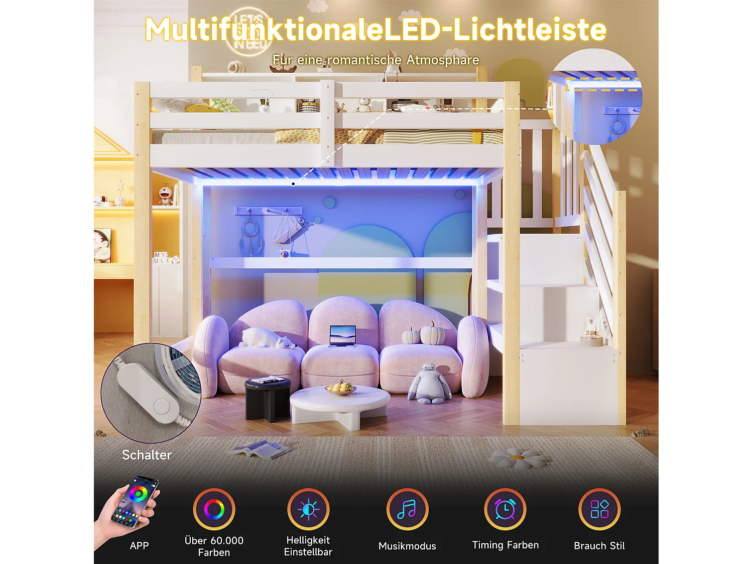 Lit mezzanine pour enfant - 90 x 200 cm - avec Leds + échelle de rangement + étagère de rangement - bois - blanc + naturel