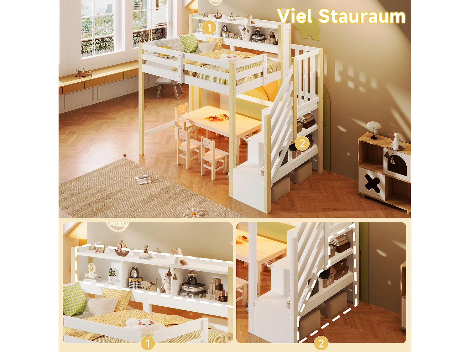 Lit mezzanine pour enfant - 90 x 200 cm - avec Leds + échelle de rangement + étagère de rangement - bois - blanc + naturel