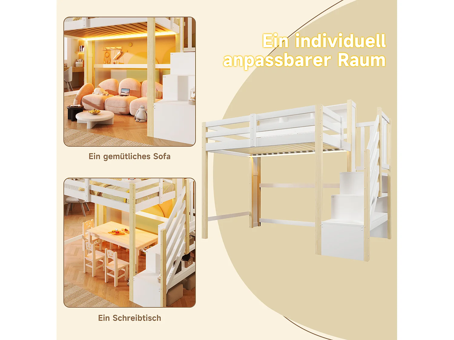 Lit mezzanine pour enfant - 90 x 200 cm - avec Leds + échelle de rangement + étagère de rangement - bois - blanc + naturel