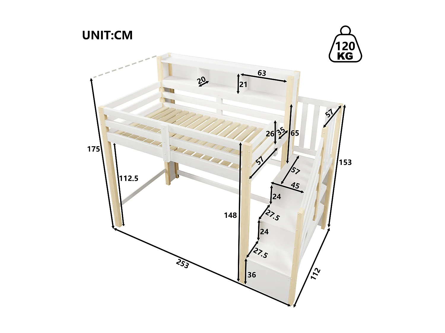Lit mezzanine pour enfant - 90 x 200 cm - avec Leds + échelle de rangement + étagère de rangement - bois - blanc + naturel