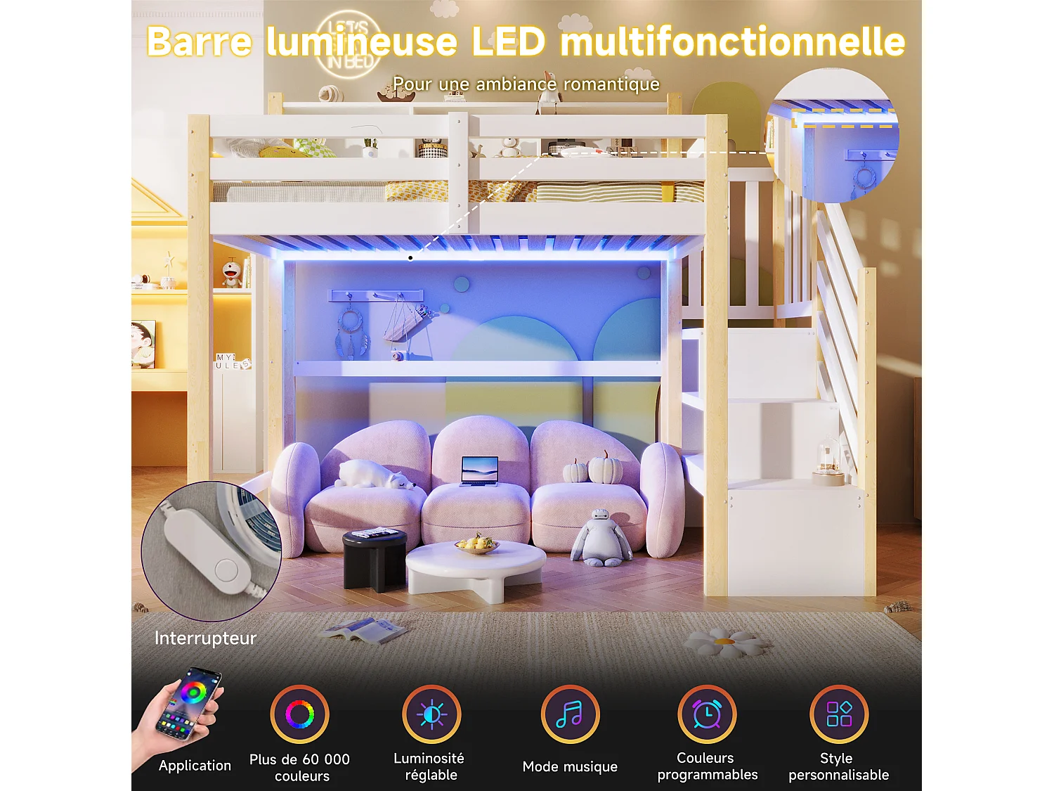 Lit mezzanine pour enfant - 90 x 200 cm - avec Leds + échelle de rangement + étagère de rangement - bois - blanc + naturel