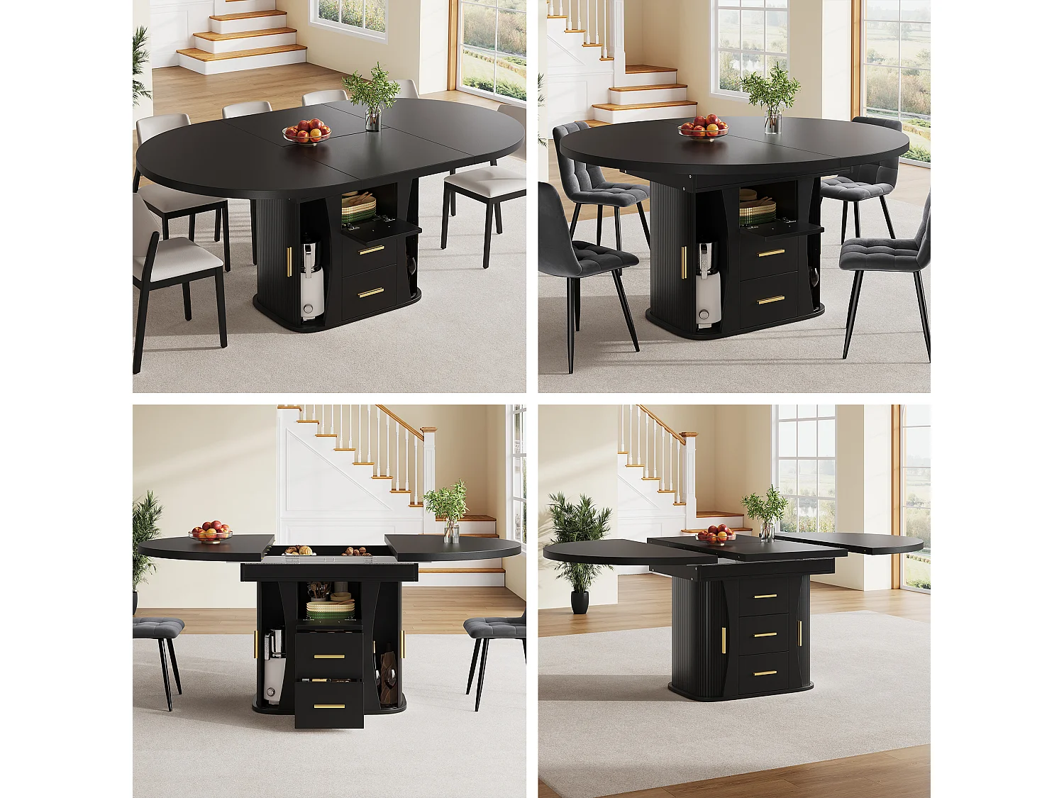 Table de salle à manger extensible 6 places - 118/158 x 118 x 77 cm - avec 3 portes + 2 tiroirs - MDF - noir