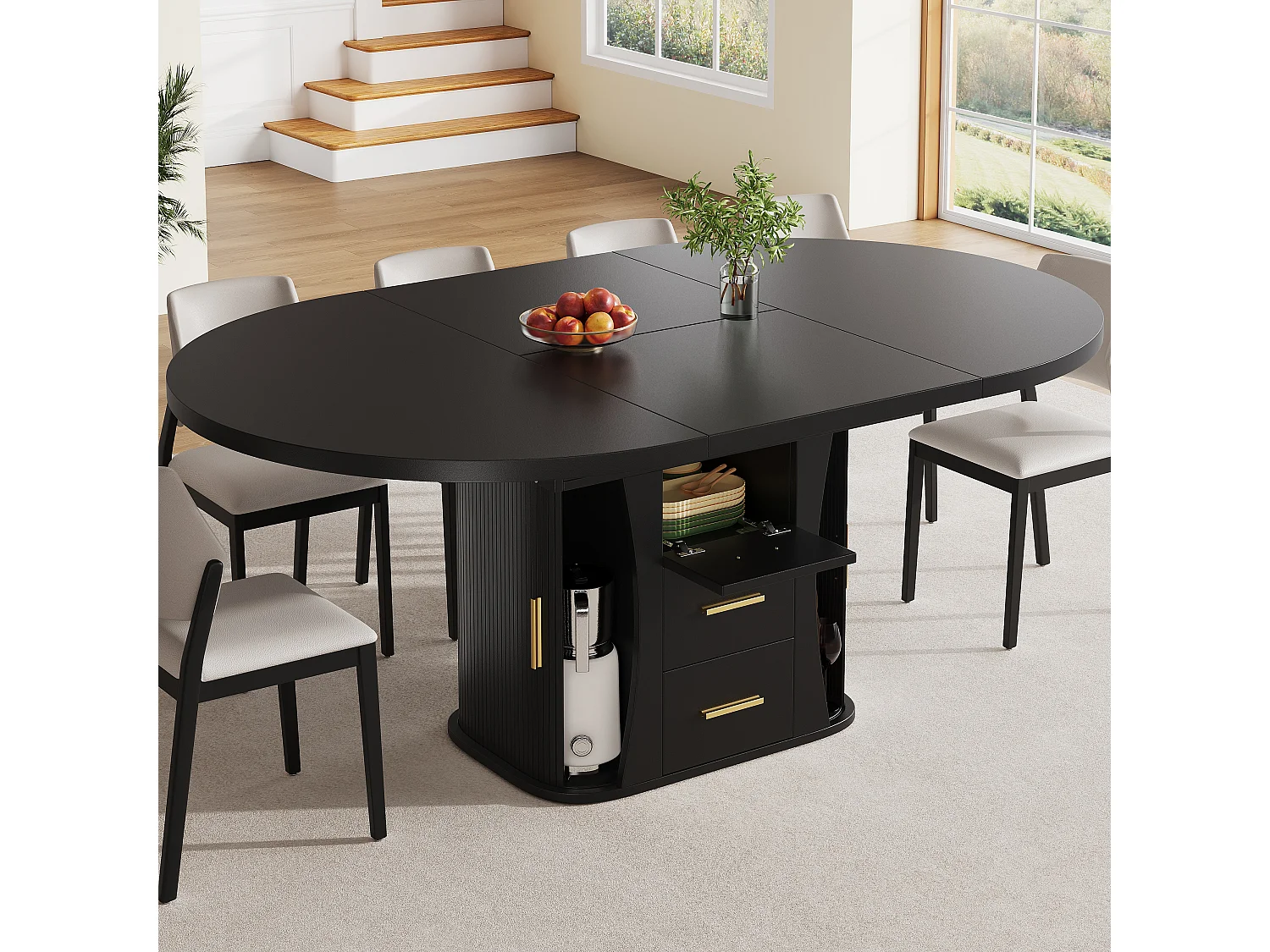 Table de salle à manger extensible 6 places - 118/158 x 118 x 77 cm - avec 3 portes + 2 tiroirs - MDF - noir