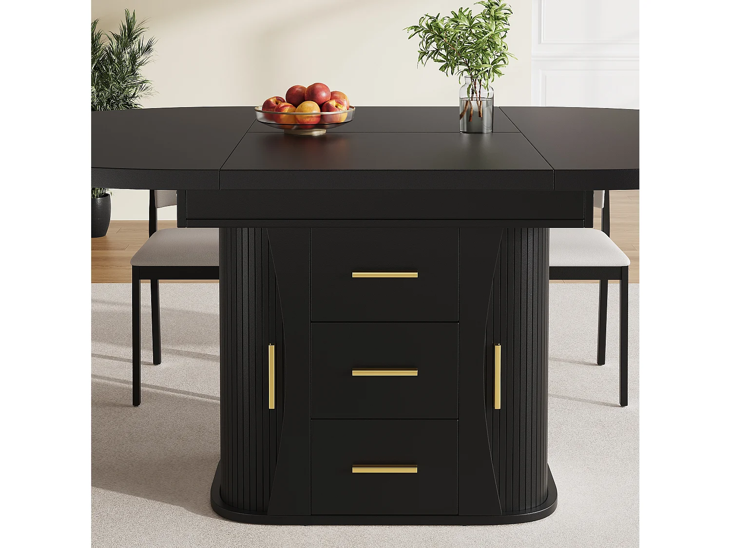 Table de salle à manger extensible 6 places - 118/158 x 118 x 77 cm - avec 3 portes + 2 tiroirs - MDF - noir