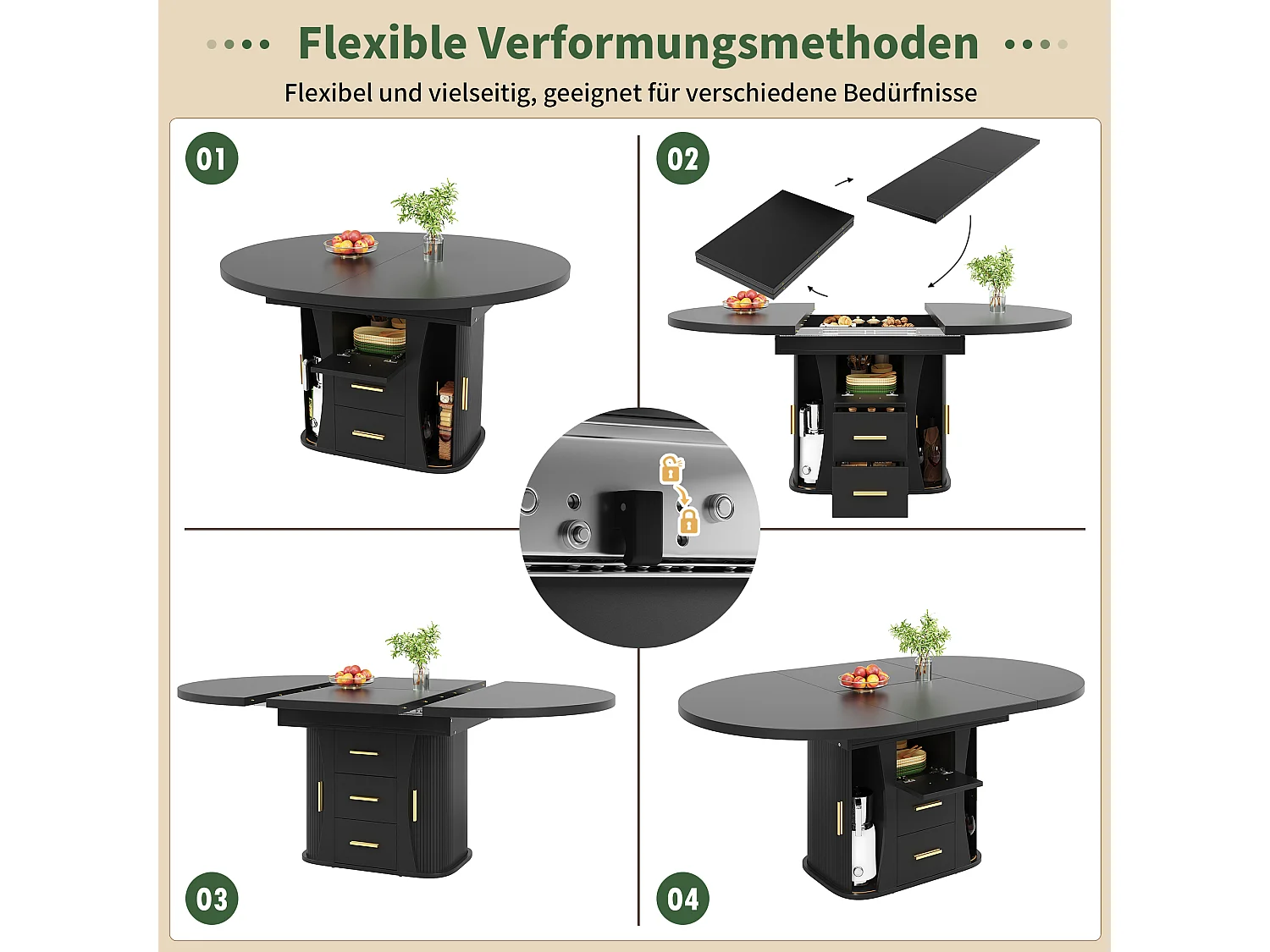 Table de salle à manger extensible 6 places - 118/158 x 118 x 77 cm - avec 3 portes + 2 tiroirs - MDF - noir