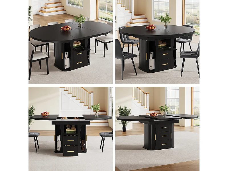 Table de salle à manger extensible 6 places - 118/158 x 118 x 77 cm - avec 3 portes + 2 tiroirs - MDF - noir