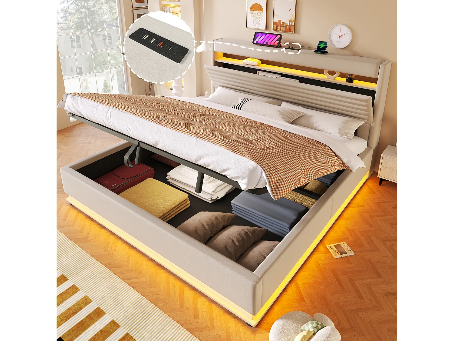 Lit coffre capitonné - 180 x 200 cm - avec USB + Leds + suspension hydraulique + tête de lit de rangement rabattable - lin - beige