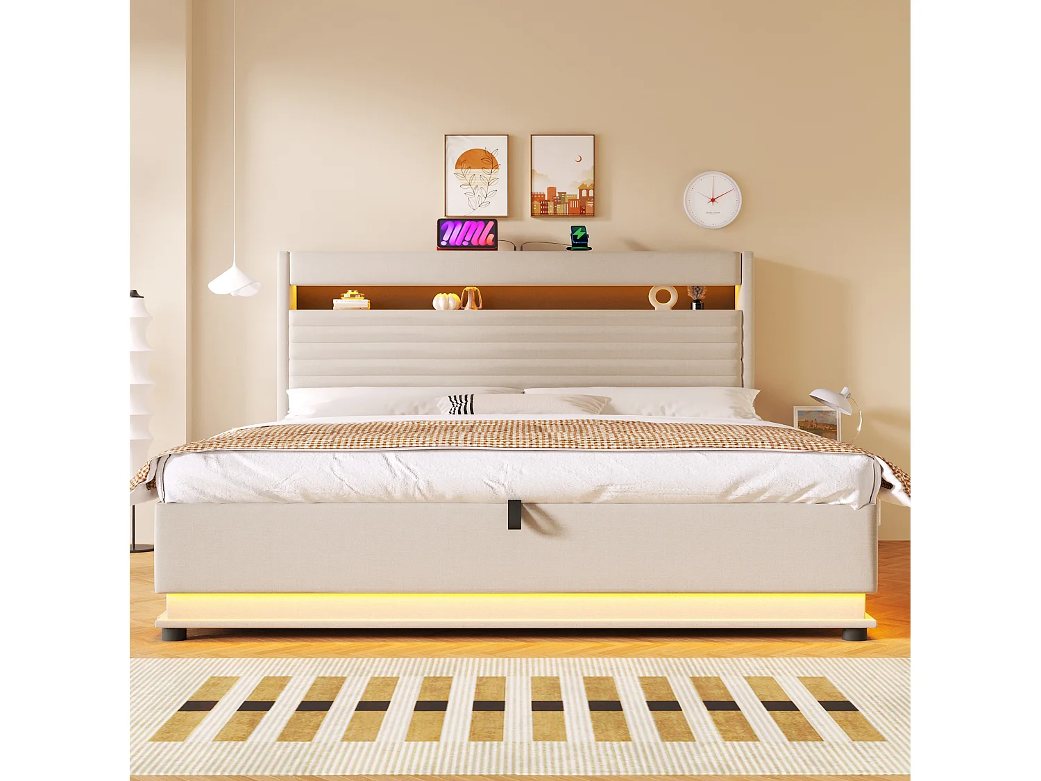 Lit coffre capitonné - 180 x 200 cm - avec USB + Leds + suspension hydraulique + tête de lit de rangement rabattable - lin - beige
