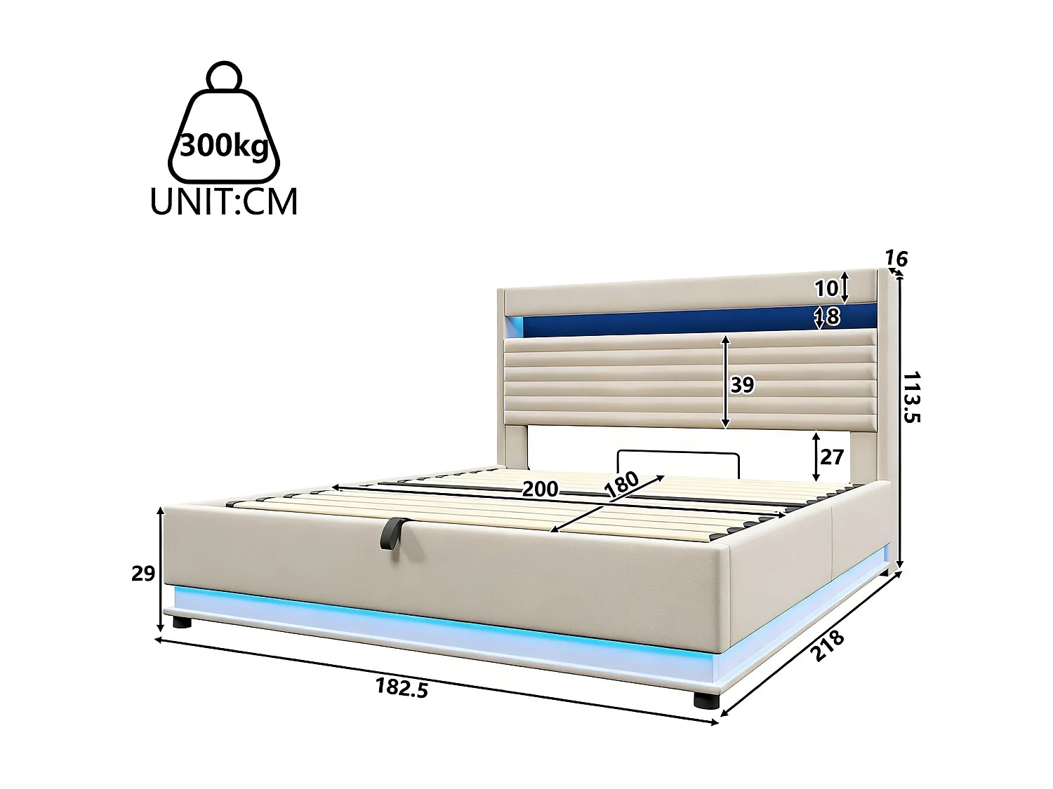 Lit coffre capitonné - 180 x 200 cm - avec USB + Leds + suspension hydraulique + tête de lit de rangement rabattable - lin - beige