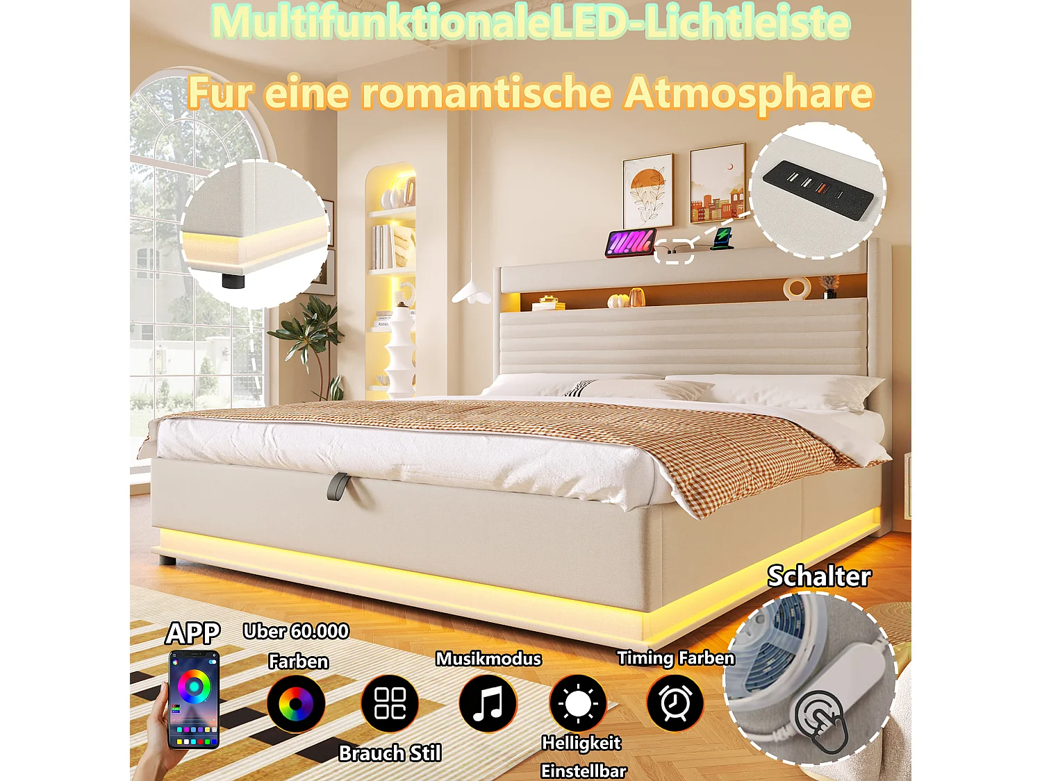 Lit coffre capitonné - 180 x 200 cm - avec USB + Leds + suspension hydraulique + tête de lit de rangement rabattable - lin - beige