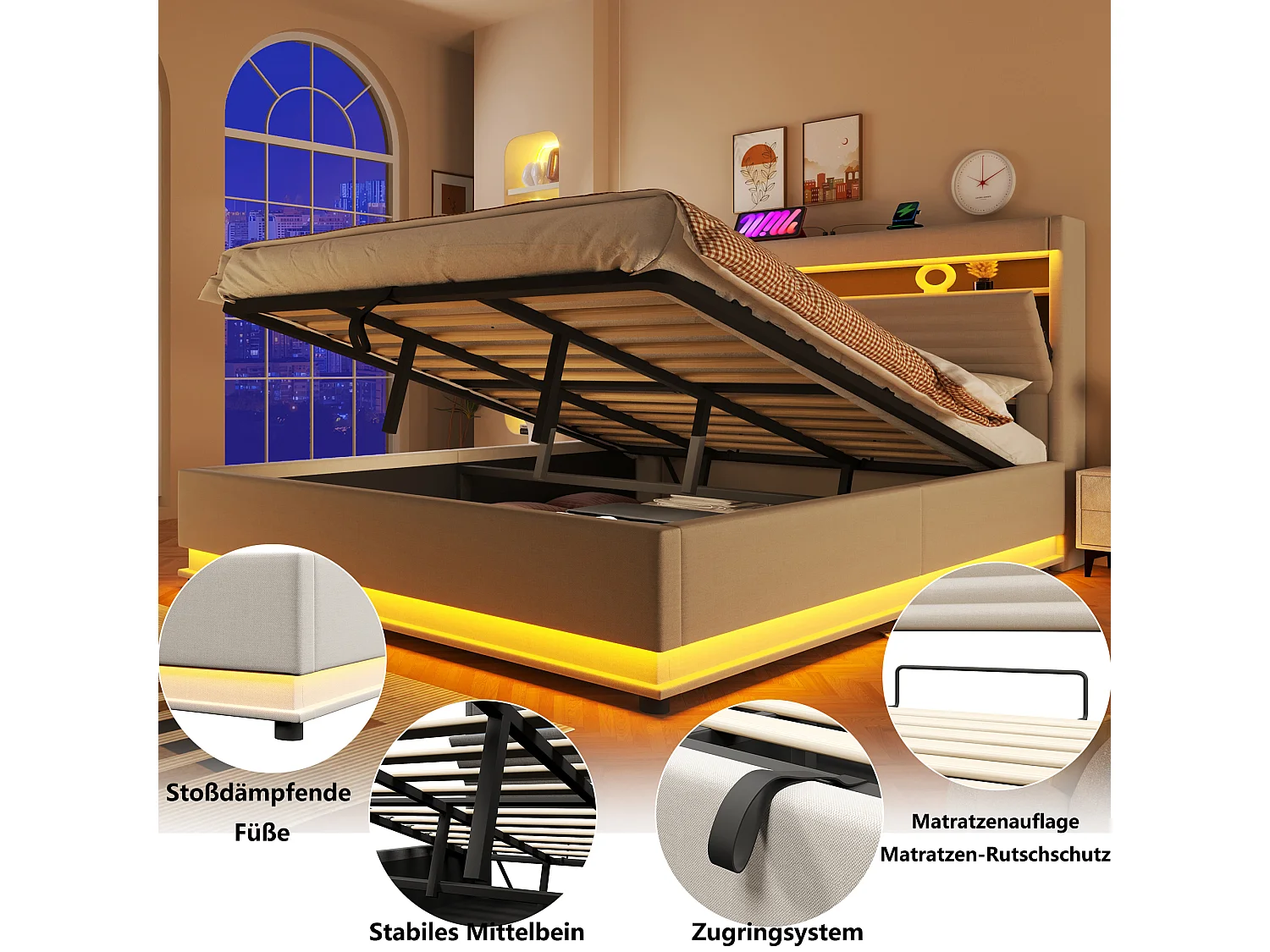 Lit coffre capitonné - 180 x 200 cm - avec USB + Leds + suspension hydraulique + tête de lit de rangement rabattable - lin - beige