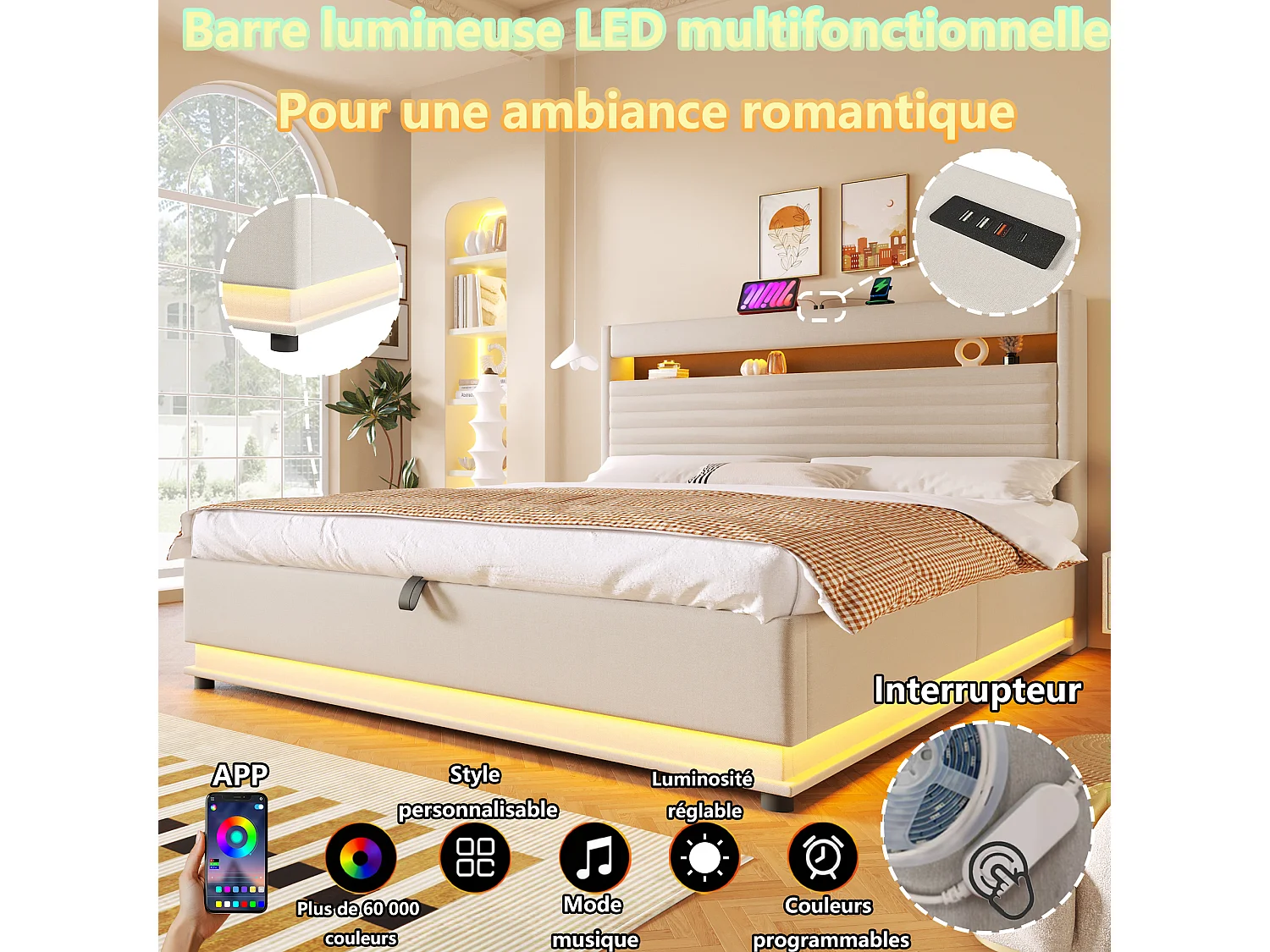 Lit coffre capitonné - 180 x 200 cm - avec USB + Leds + suspension hydraulique + tête de lit de rangement rabattable - lin - beige