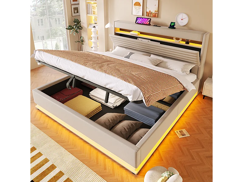Lit coffre capitonné - 180 x 200 cm - avec USB + Leds + suspension hydraulique + tête de lit de rangement rabattable - lin - beige