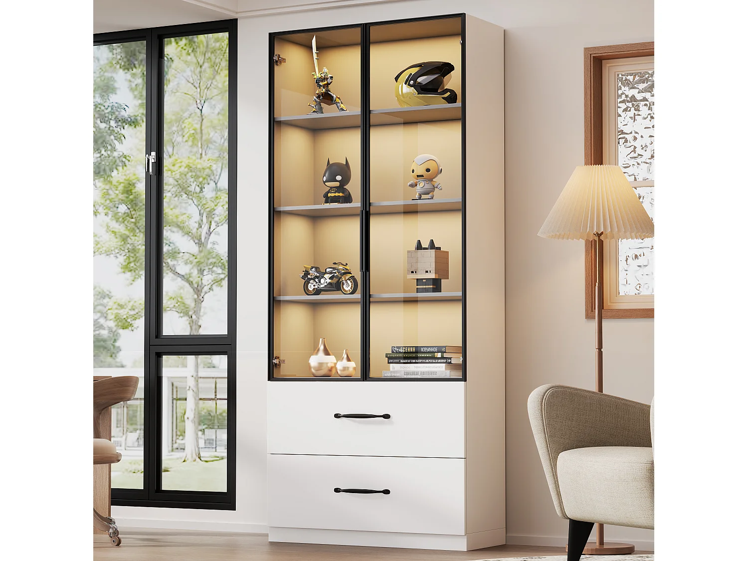 Glazen vitrinekast - 60 x 40 x 160 cm - met LED-verlichting + 3 lades + deuren van gehard glas - spaanplaat - wit