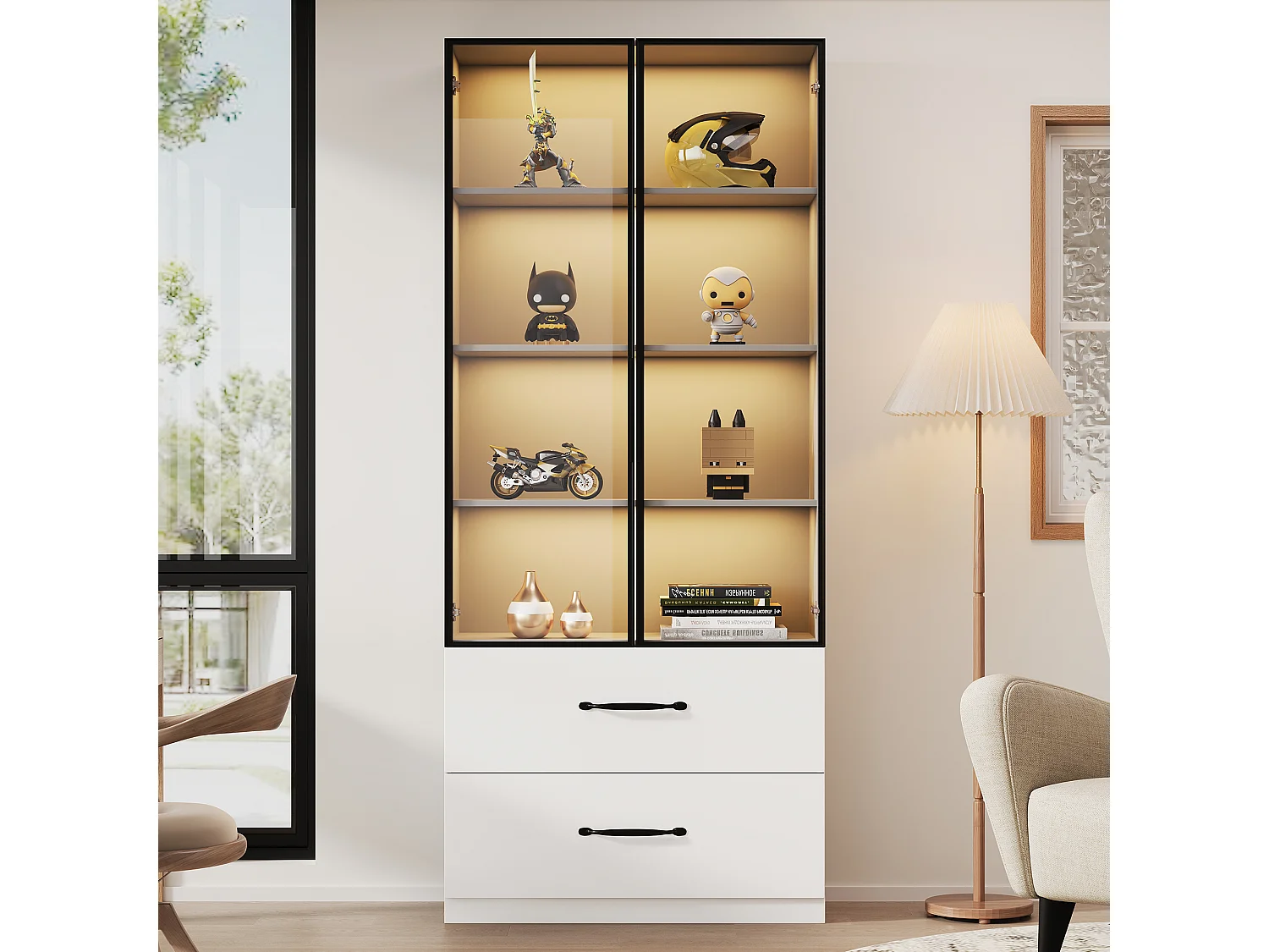 Glazen vitrinekast - 60 x 40 x 160 cm - met LED-verlichting + 3 lades + deuren van gehard glas - spaanplaat - wit