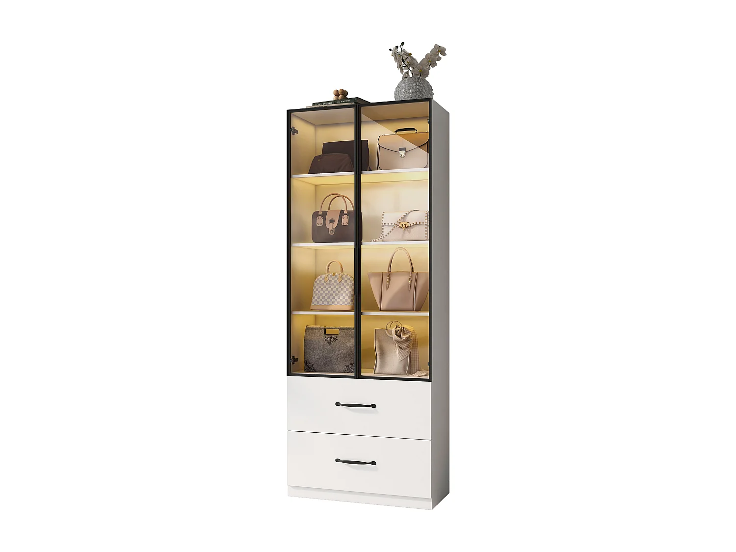 Glazen vitrinekast - 60 x 40 x 160 cm - met LED-verlichting + 3 lades + deuren van gehard glas - spaanplaat - wit