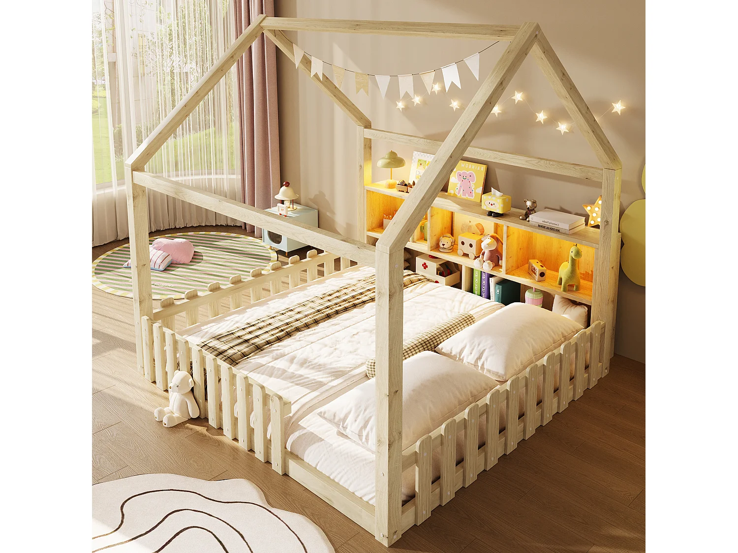 Lit plat pour enfant - 140 x 190 cm - avec barrière de sécurité + Leds + étagère de rangement - design maison - pin - naturel