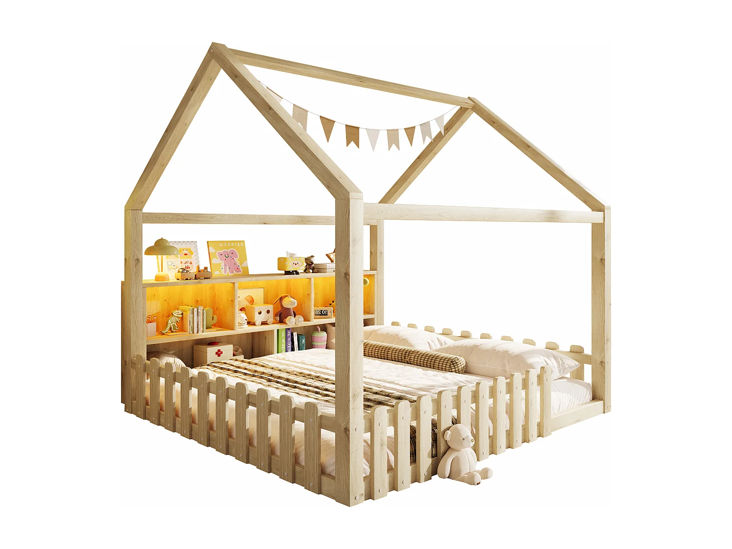 Lit plat pour enfant - 140 x 190 cm - avec barrière de sécurité + Leds + étagère de rangement - design maison - pin - naturel