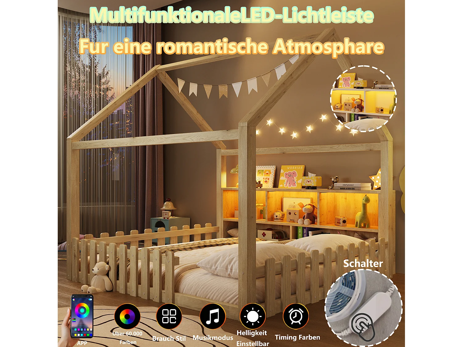 Lit plat pour enfant - 140 x 190 cm - avec barrière de sécurité + Leds + étagère de rangement - design maison - pin - naturel