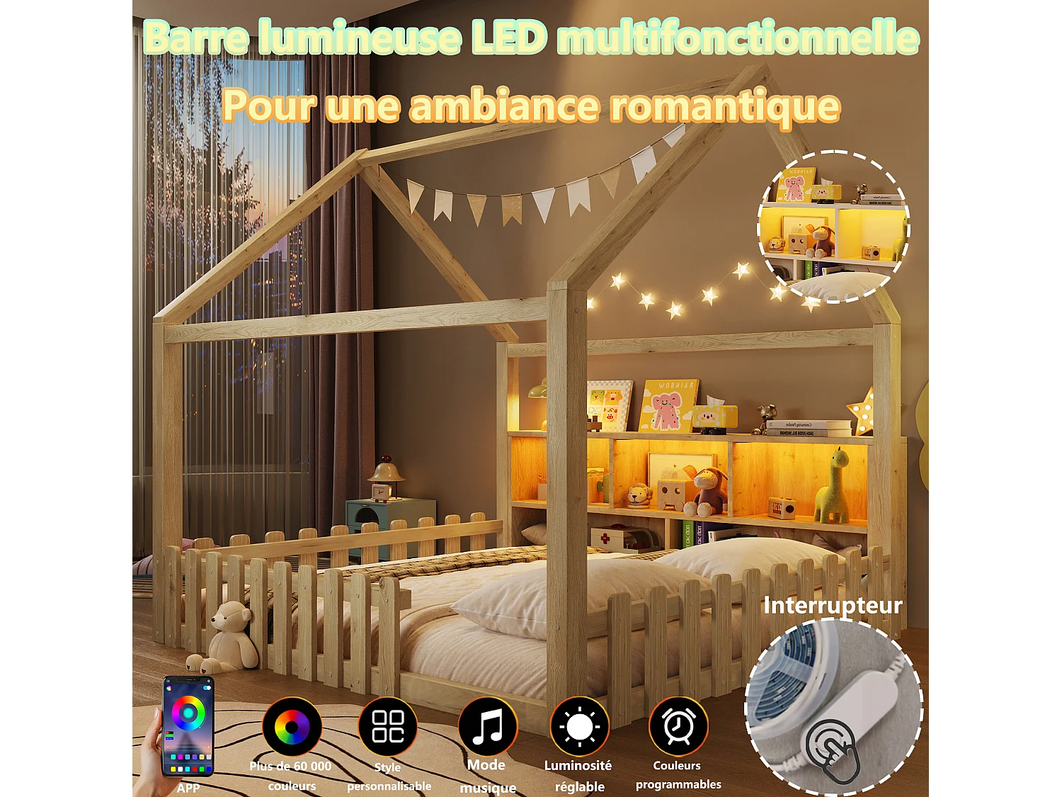 Lit plat pour enfant - 140 x 190 cm - avec barrière de sécurité + Leds + étagère de rangement - design maison - pin - naturel
