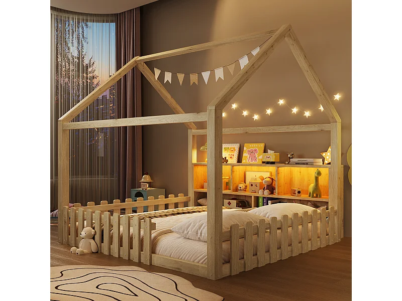 Lit plat pour enfant - 140 x 190 cm - avec barrière de sécurité + Leds + étagère de rangement - design maison - pin - naturel