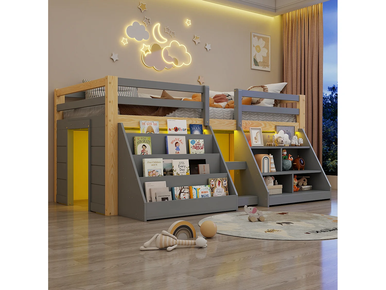 Lit mi-hauteur pour enfant - 90 x 200 cm - multiples rangements + échelle + Leds - pin - naturel + gris