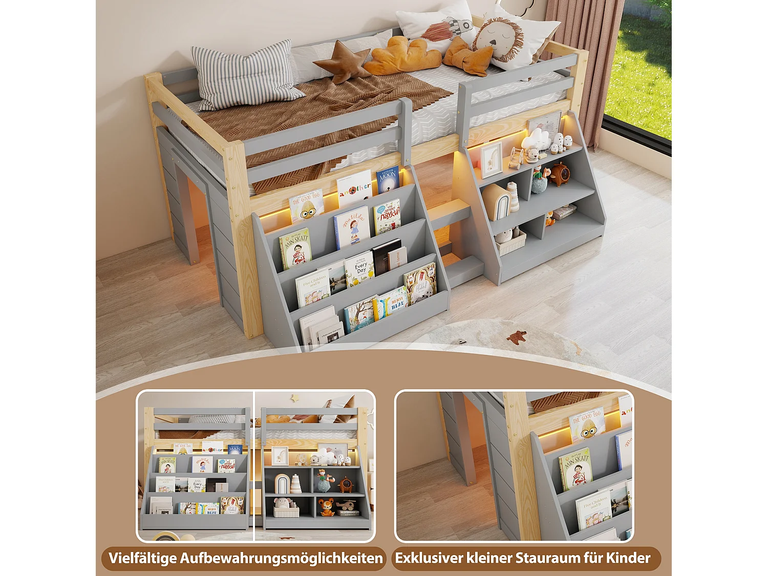 Lit mi-hauteur pour enfant - 90 x 200 cm - multiples rangements + échelle + Leds - pin - naturel + gris