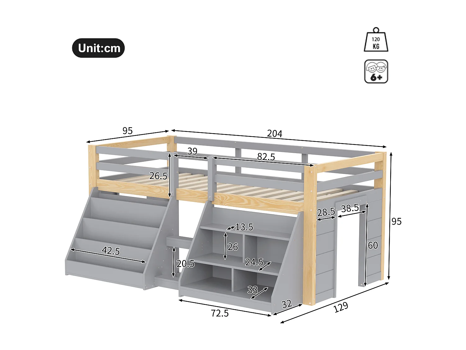 Lit mi-hauteur pour enfant - 90 x 200 cm - multiples rangements + échelle + Leds - pin - naturel + gris