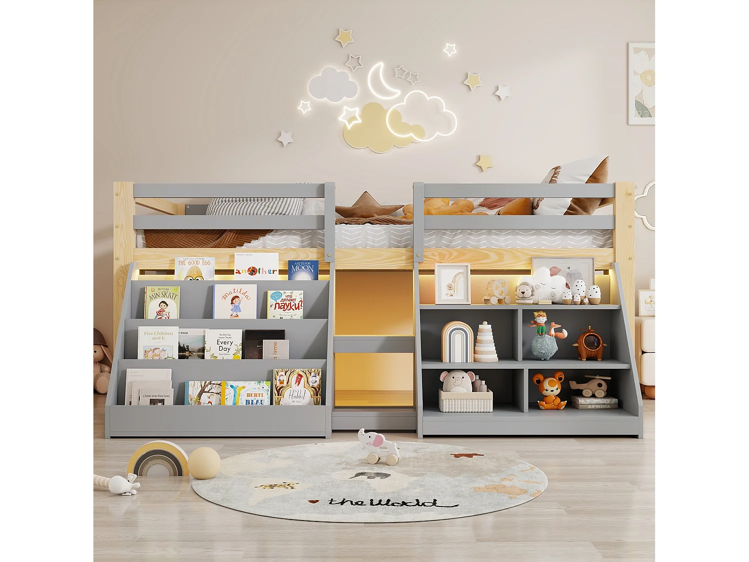 Lit mi-hauteur pour enfant - 90 x 200 cm - multiples rangements + échelle + Leds - pin - naturel + gris