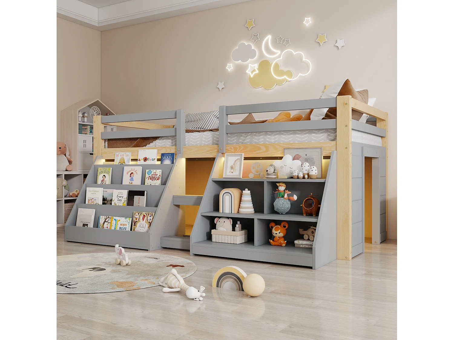 Lit mi-hauteur pour enfant - 90 x 200 cm - multiples rangements + échelle + Leds - pin - naturel + gris