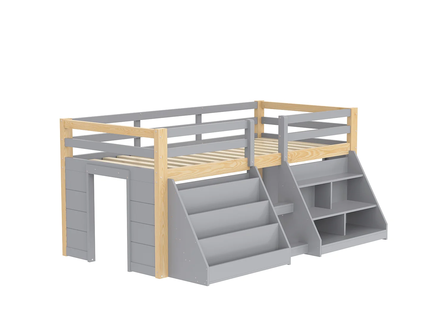 Lit mi-hauteur pour enfant - 90 x 200 cm - multiples rangements + échelle + Leds - pin - naturel + gris
