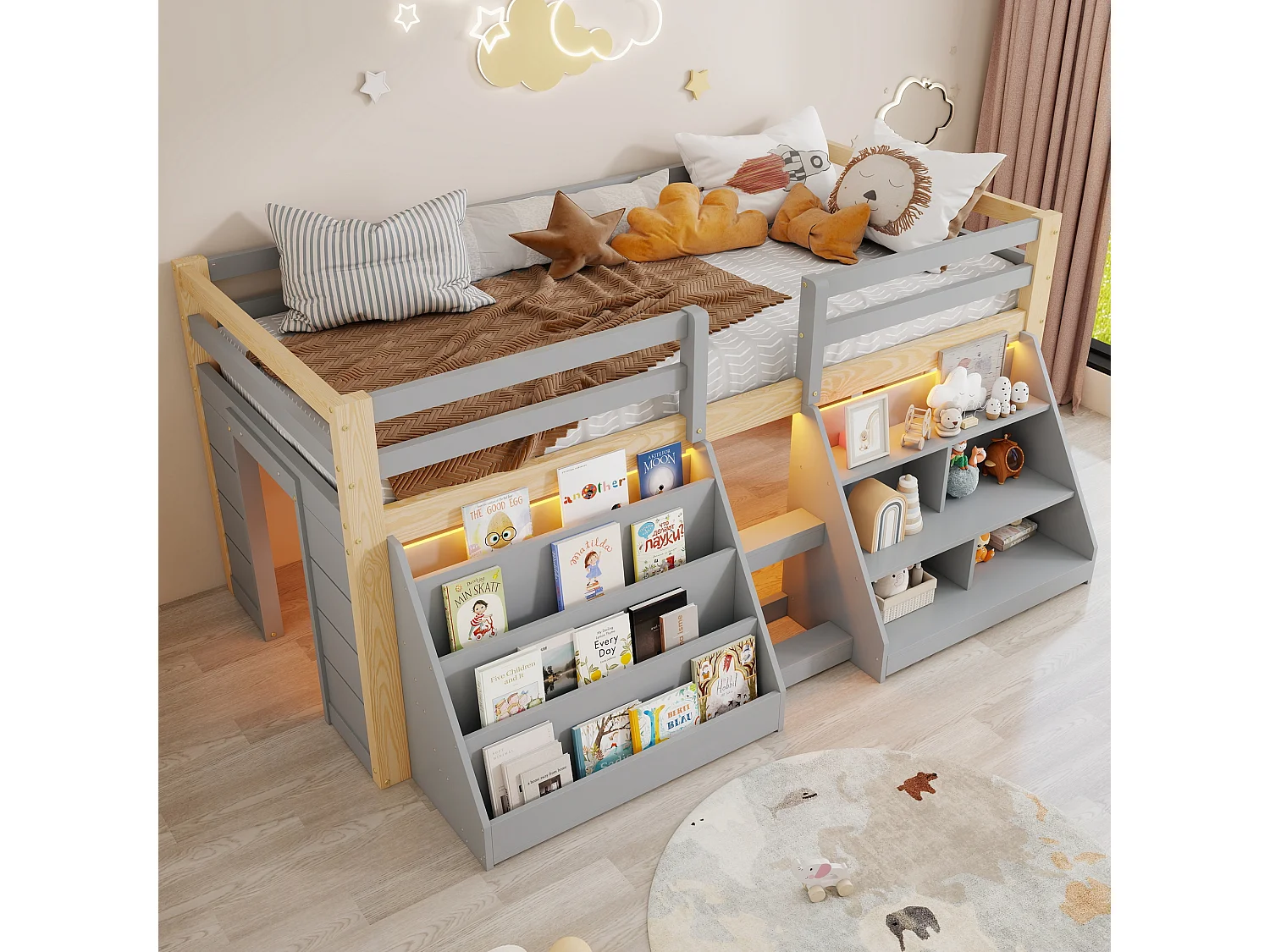 Lit mi-hauteur pour enfant - 90 x 200 cm - multiples rangements + échelle + Leds - pin - naturel + gris