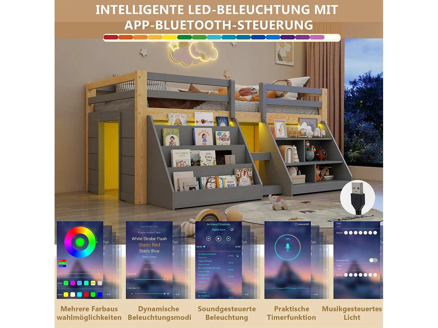 Lit mi-hauteur pour enfant - 90 x 200 cm - multiples rangements + échelle + Leds - pin - naturel + gris