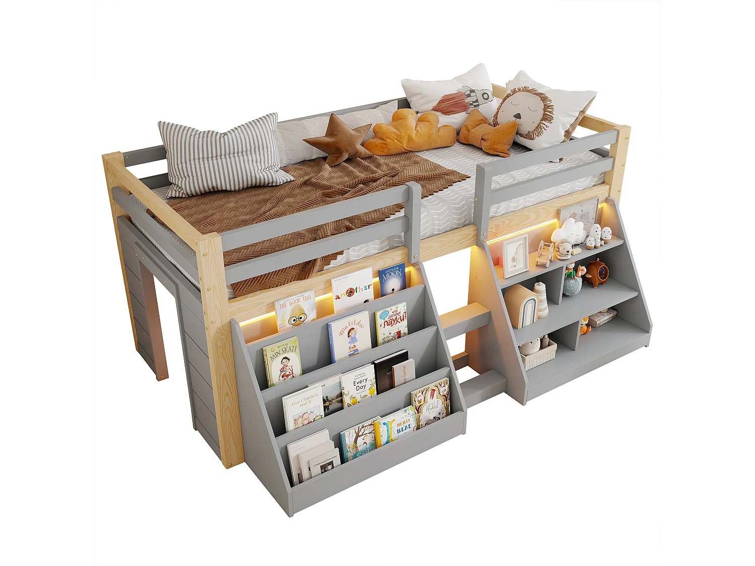 Lit mi-hauteur pour enfant - 90 x 200 cm - multiples rangements + échelle + Leds - pin - naturel + gris