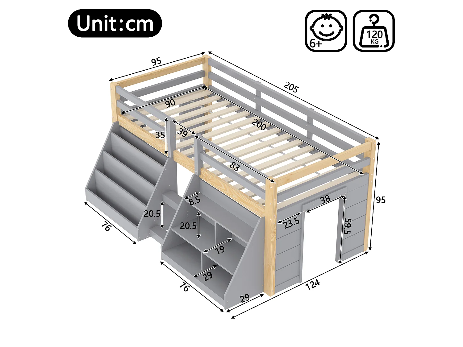 Lit mi-hauteur pour enfant - 90 x 200 cm - multiples rangements + échelle + Leds - pin - naturel + gris