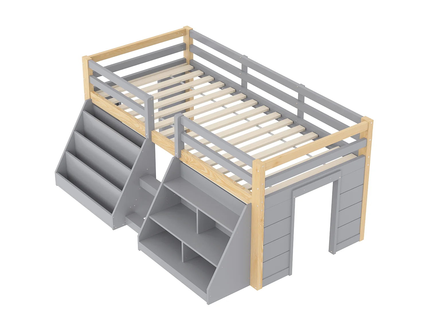 Lit mi-hauteur pour enfant - 90 x 200 cm - multiples rangements + échelle + Leds - pin - naturel + gris
