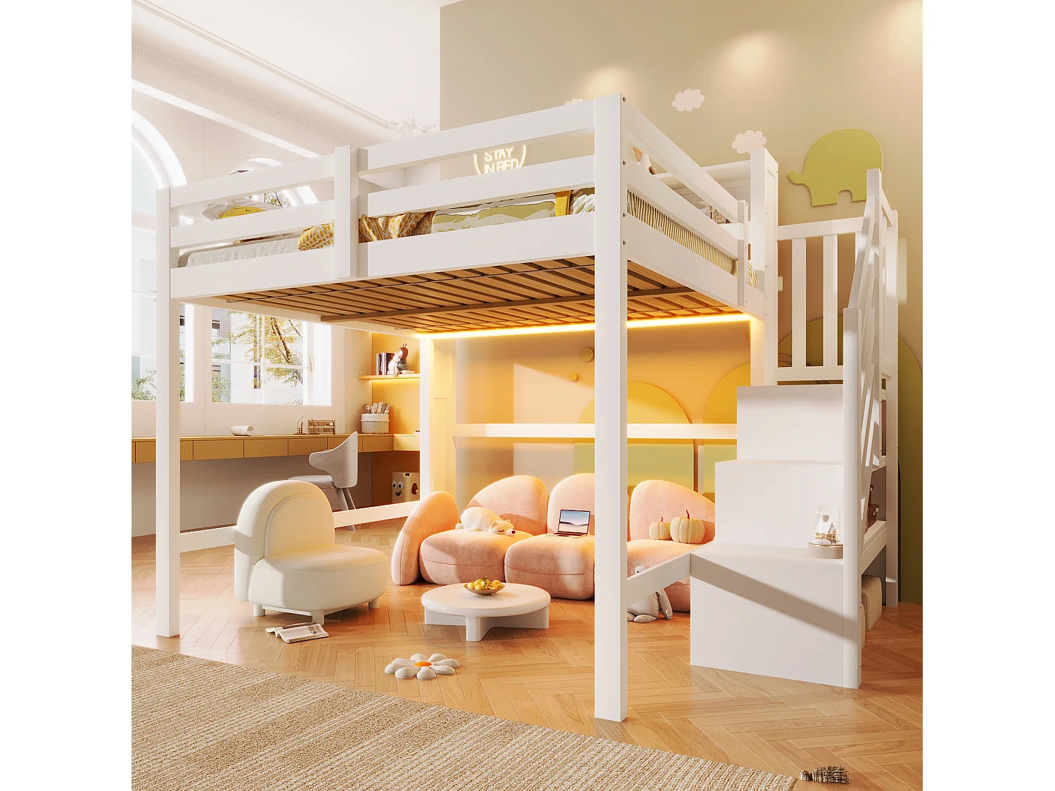 Lit mezzanine pour enfant - 140 x 200 cm - avec Leds + échelle de rangement + étagère de rangement - bois - blanc