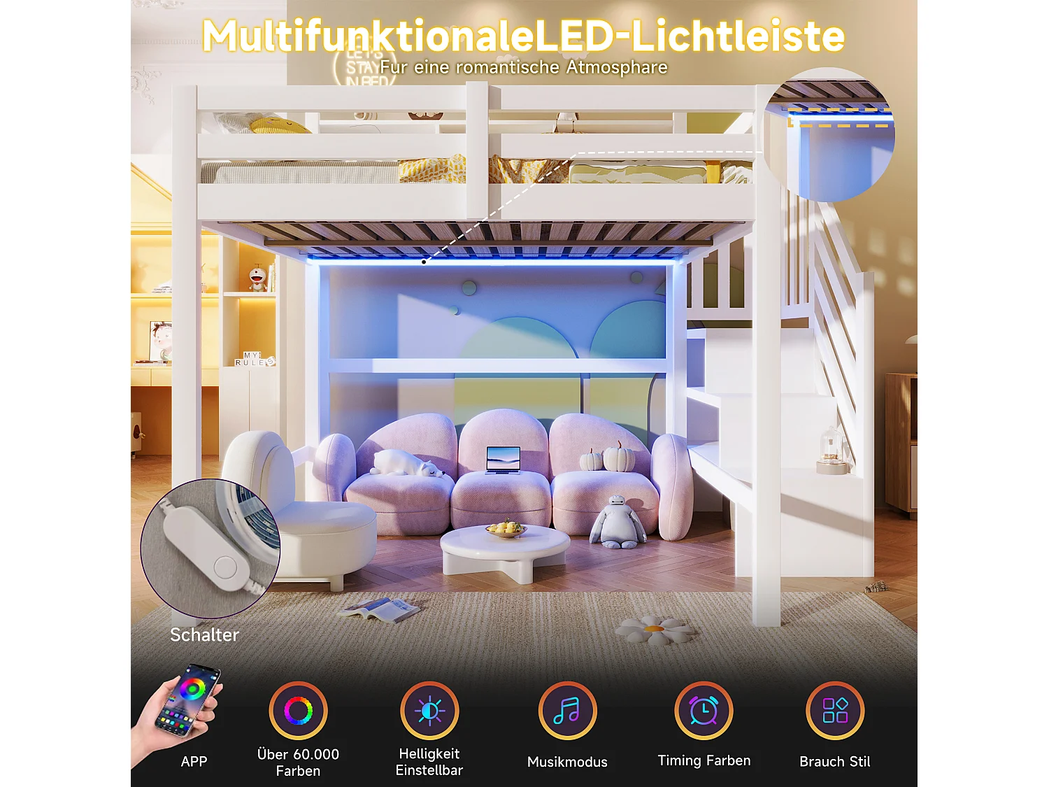 Lit mezzanine pour enfant - 140 x 200 cm - avec Leds + échelle de rangement + étagère de rangement - bois - blanc