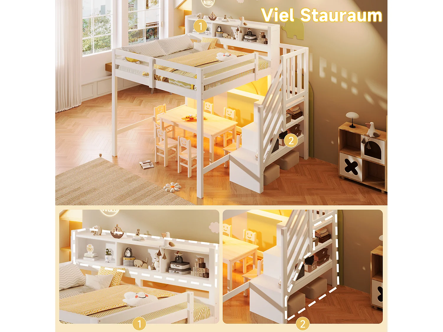 Lit mezzanine pour enfant - 140 x 200 cm - avec Leds + échelle de rangement + étagère de rangement - bois - blanc