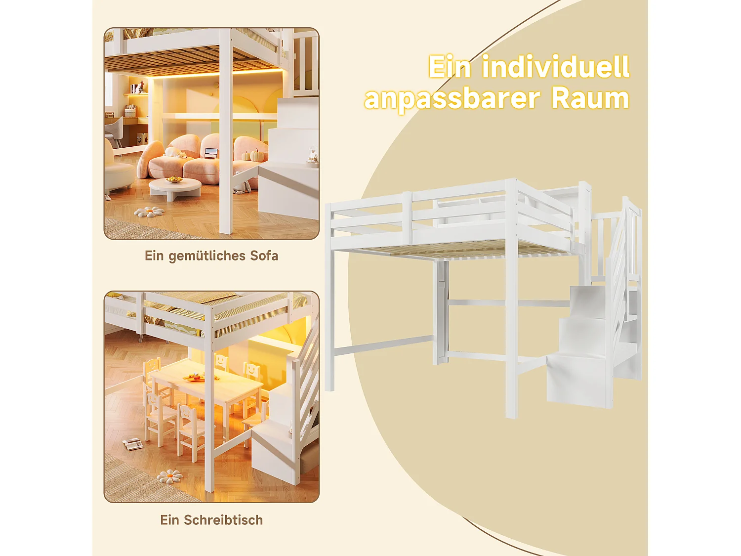 Lit mezzanine pour enfant - 140 x 200 cm - avec Leds + échelle de rangement + étagère de rangement - bois - blanc