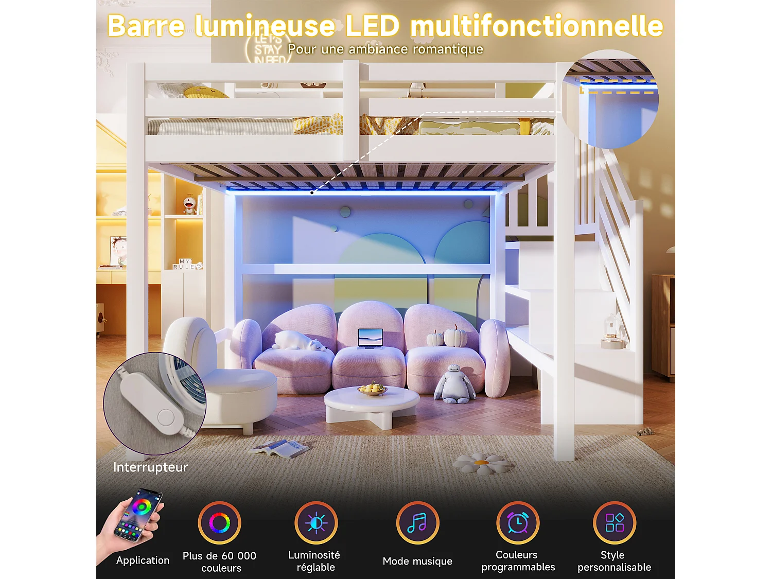 Lit mezzanine pour enfant - 140 x 200 cm - avec Leds + échelle de rangement + étagère de rangement - bois - blanc