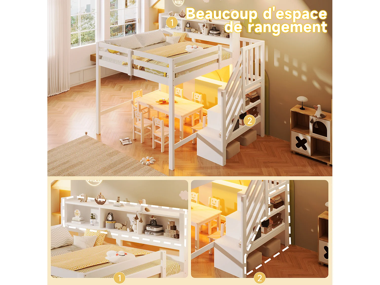 Lit mezzanine pour enfant - 140 x 200 cm - avec Leds + échelle de rangement + étagère de rangement - bois - blanc
