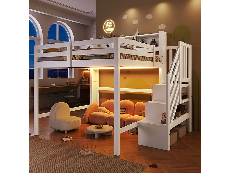 Letto a soppalco per bambini - 140 x 200 cm - con LED + scaletta portaoggetti + ripiano portaoggetti - legno - bianco