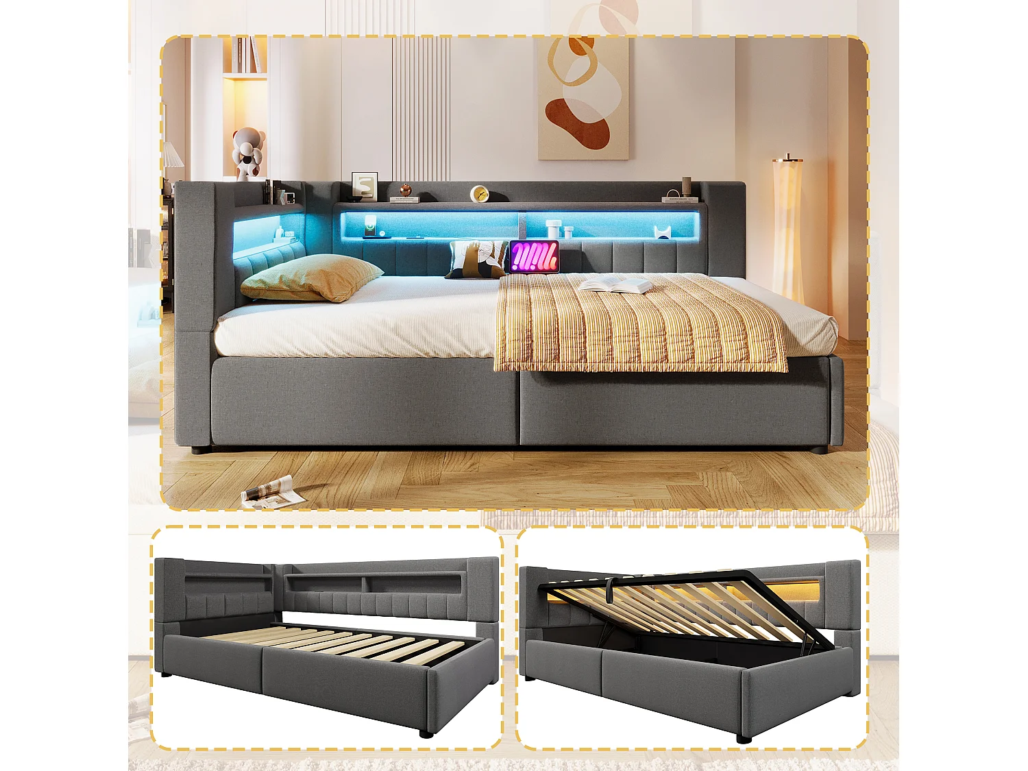 Kinderslaapbank met hydraulische opbergruimte - 90 x 200 cm - met USB + Type-C + LED's + opbergruimte - linnen - grijs