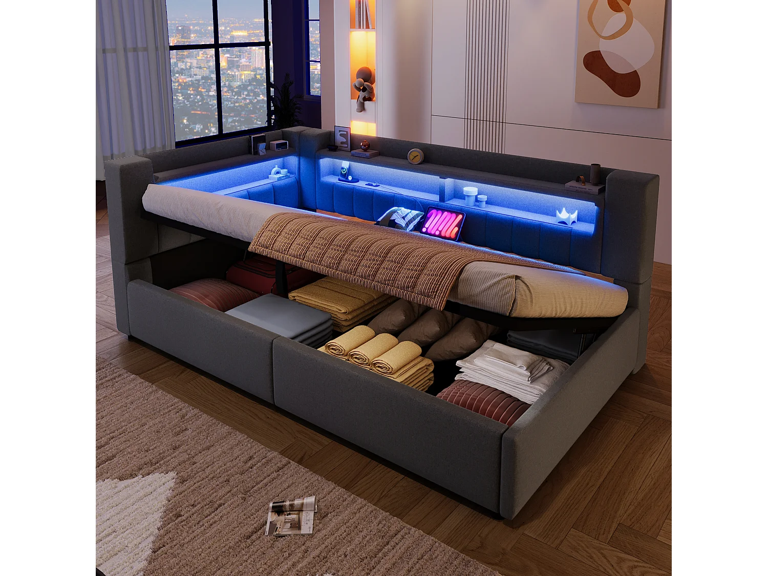 Kinderslaapbank met hydraulische opbergruimte - 90 x 200 cm - met USB + Type-C + LED's + opbergruimte - linnen - grijs