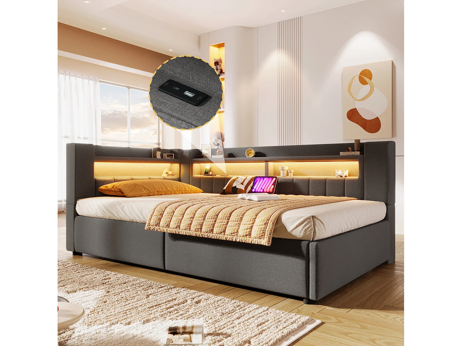 Kinderslaapbank met hydraulische opbergruimte - 90 x 200 cm - met USB + Type-C + LED's + opbergruimte - linnen - grijs